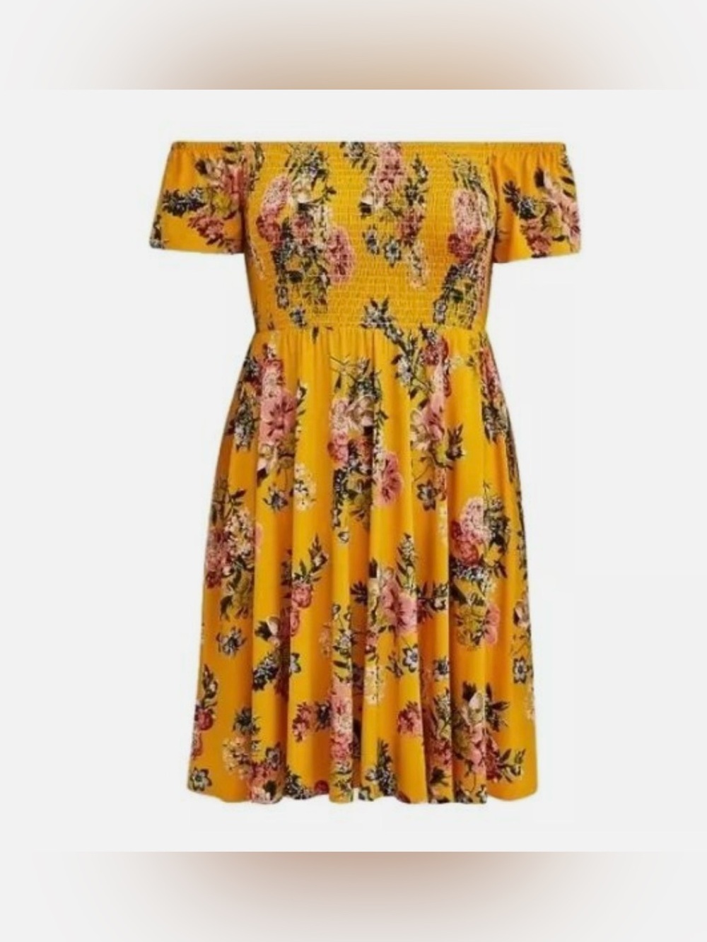 Torrid 1 Cottagecore Yellow Floral Smocked Off Shoulder Milkmaid Dress Pockets